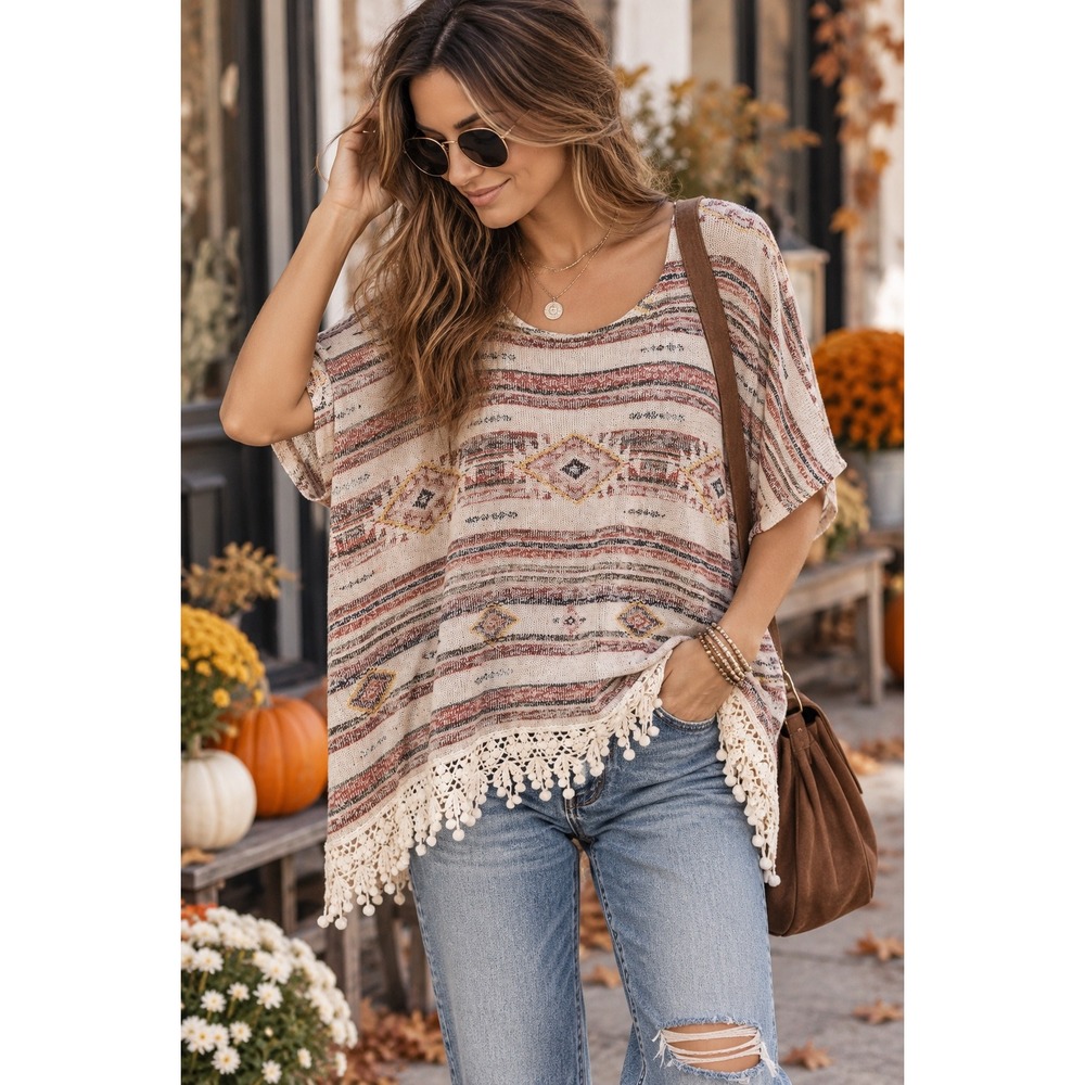 American Rag Cie Womens M/L Southwestern Knit Crochet Trim Poncho Top Multi